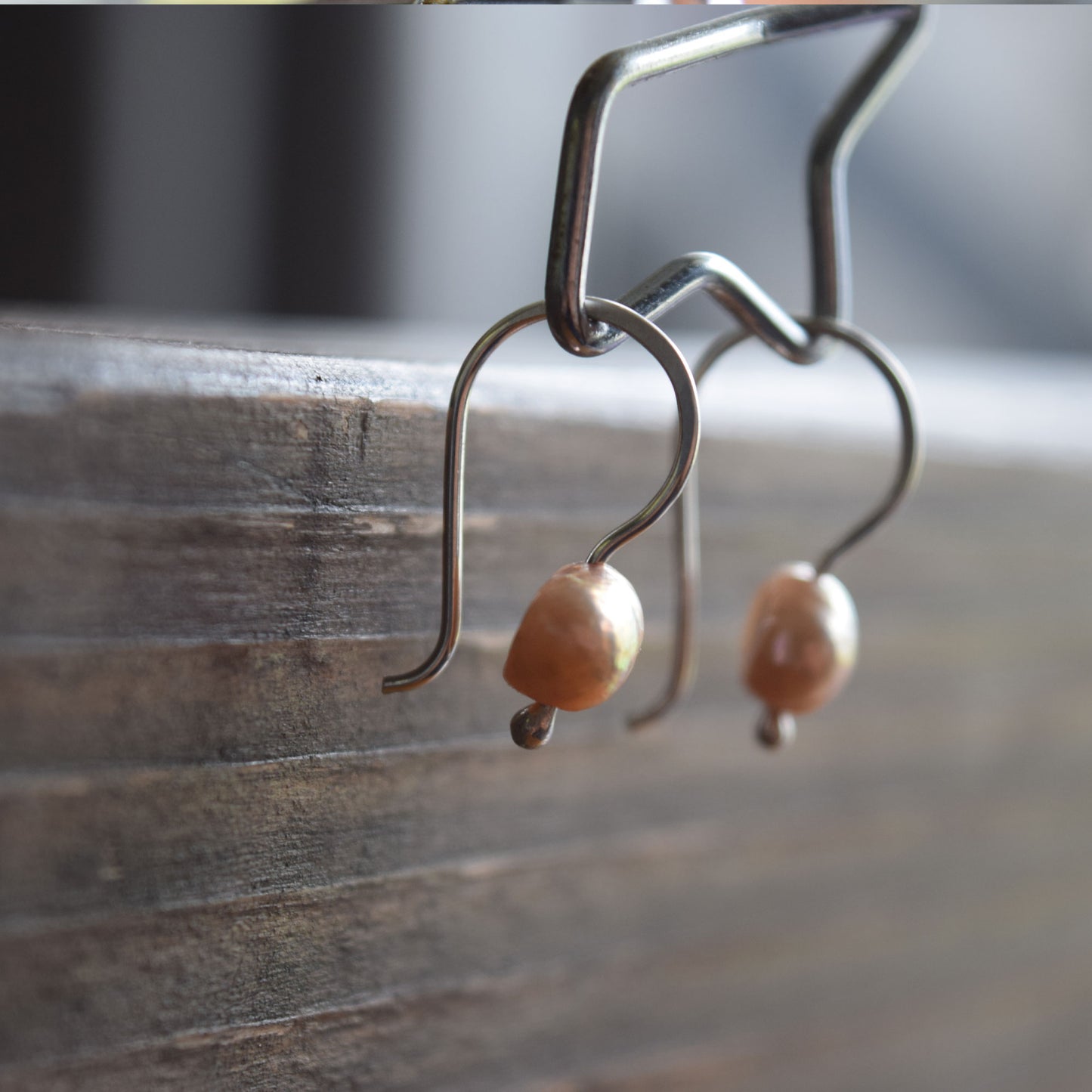 Pink Pearl Drop Earrings, Handcrafted Silver