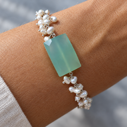 Handcrafted Keshi Pearl and Chalcedony Bracelet, Artisan Wire-Wrapped Design