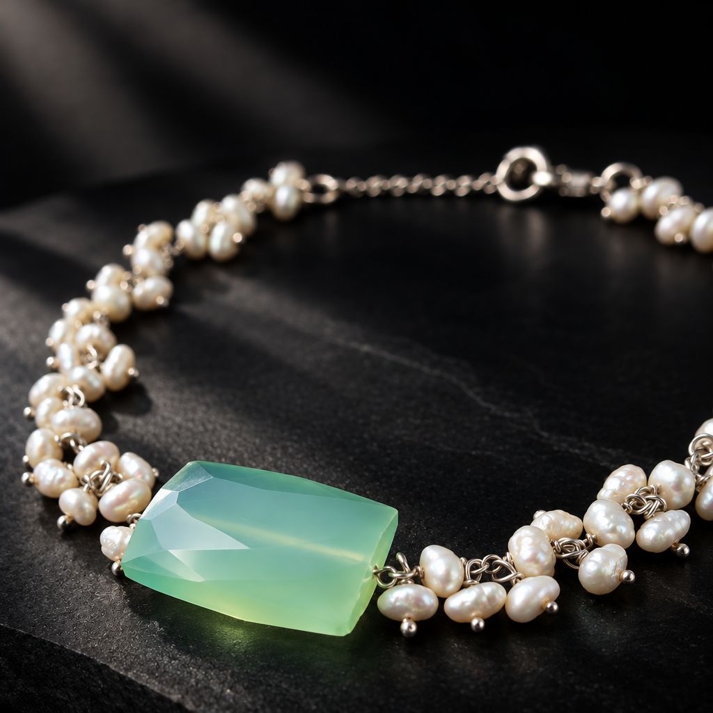 Handcrafted Keshi Pearl and Chalcedony Bracelet, Artisan Wire-Wrapped Design