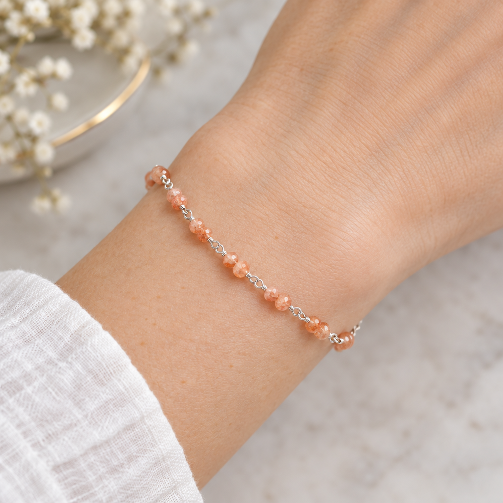 Dainty Sunstone Beaded Bracelet with Sterling Silver  - Everyday Accessory