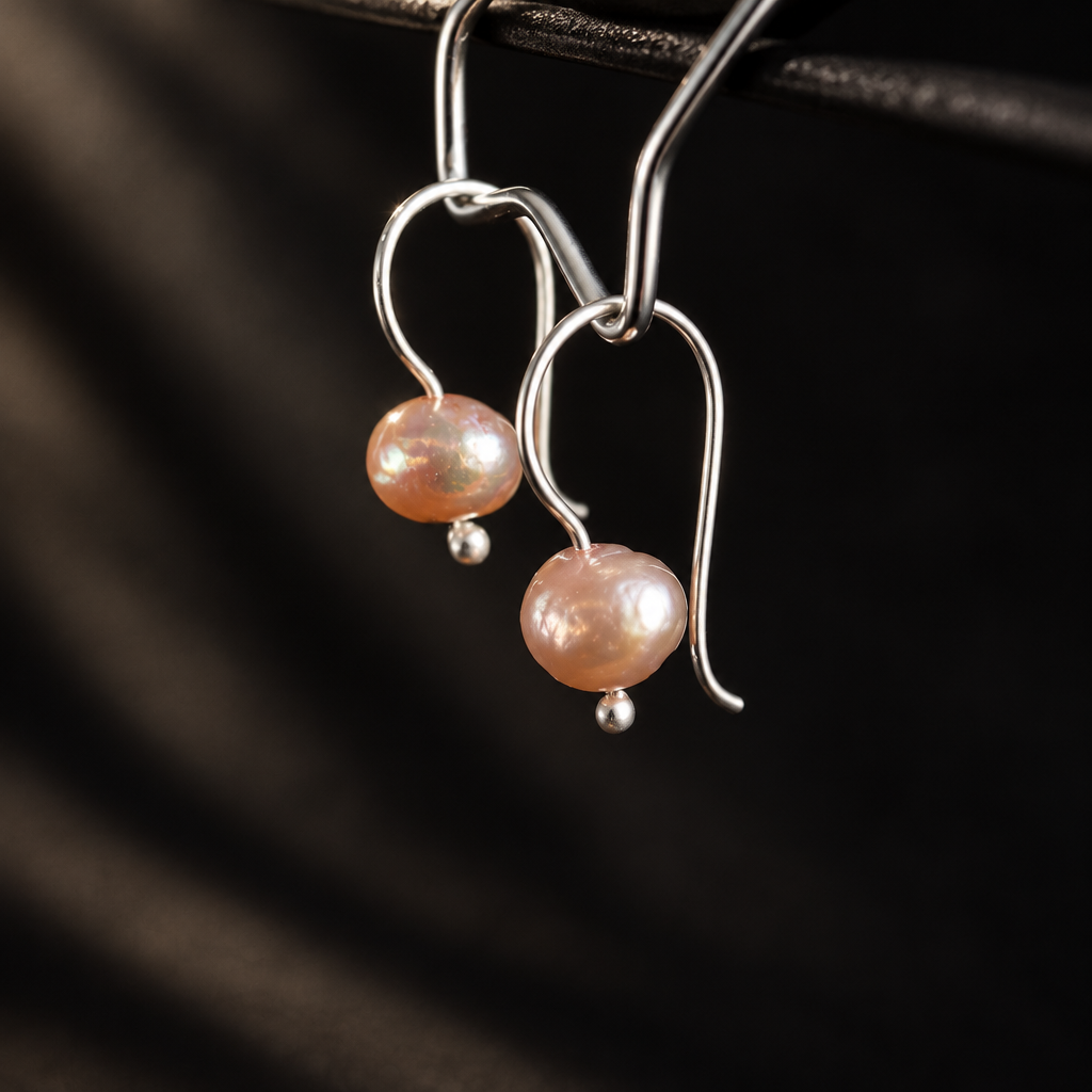 Pink Pearl Drop Earrings, Handcrafted Silver
