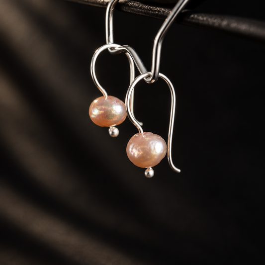 Pink Pearl Drop Earrings, Handcrafted Silver