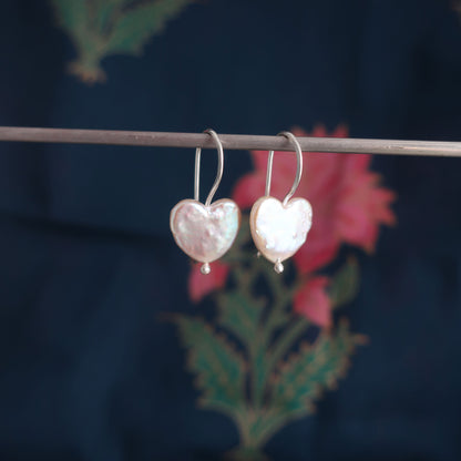 Pearl Heart Earrings, Handcrafted Silver