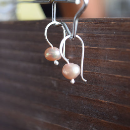 Pink Pearl Drop Earrings, Handcrafted Silver